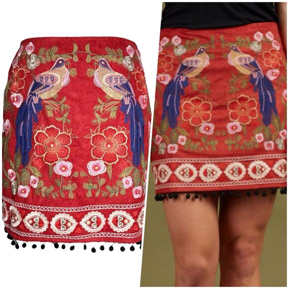 Altar'd State | Women | Vermillion Sueded Floral Pom Pom Mini Skirt | Medium - Picture 1 of 14